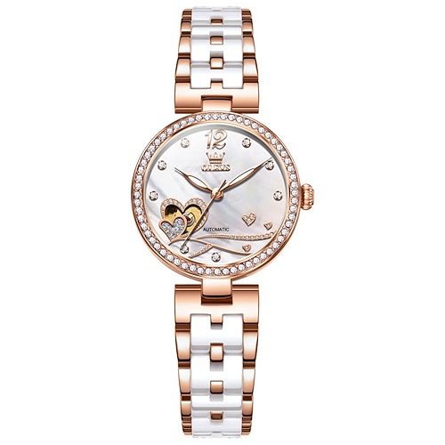 Olevs automatische mechanische Damenuhren, elegantes Keramikarmband, ausgehöhltes Diamantzifferblatt, Luxus-Original-Damenuhr, Geschenke 7086 Image