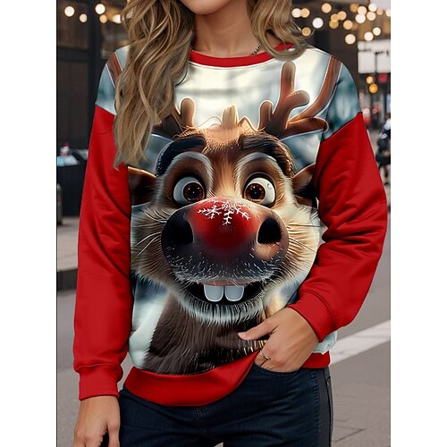 Weihnachten Damen Rentier Pullover Grafik Tier Warm Klassisch Lässige Lange Ärmel Rundhals Regelmäßige Oberteile Zuhause Straße Alltagskleidung Print Rot Blau Grün Dunkelblau Herbst Winter