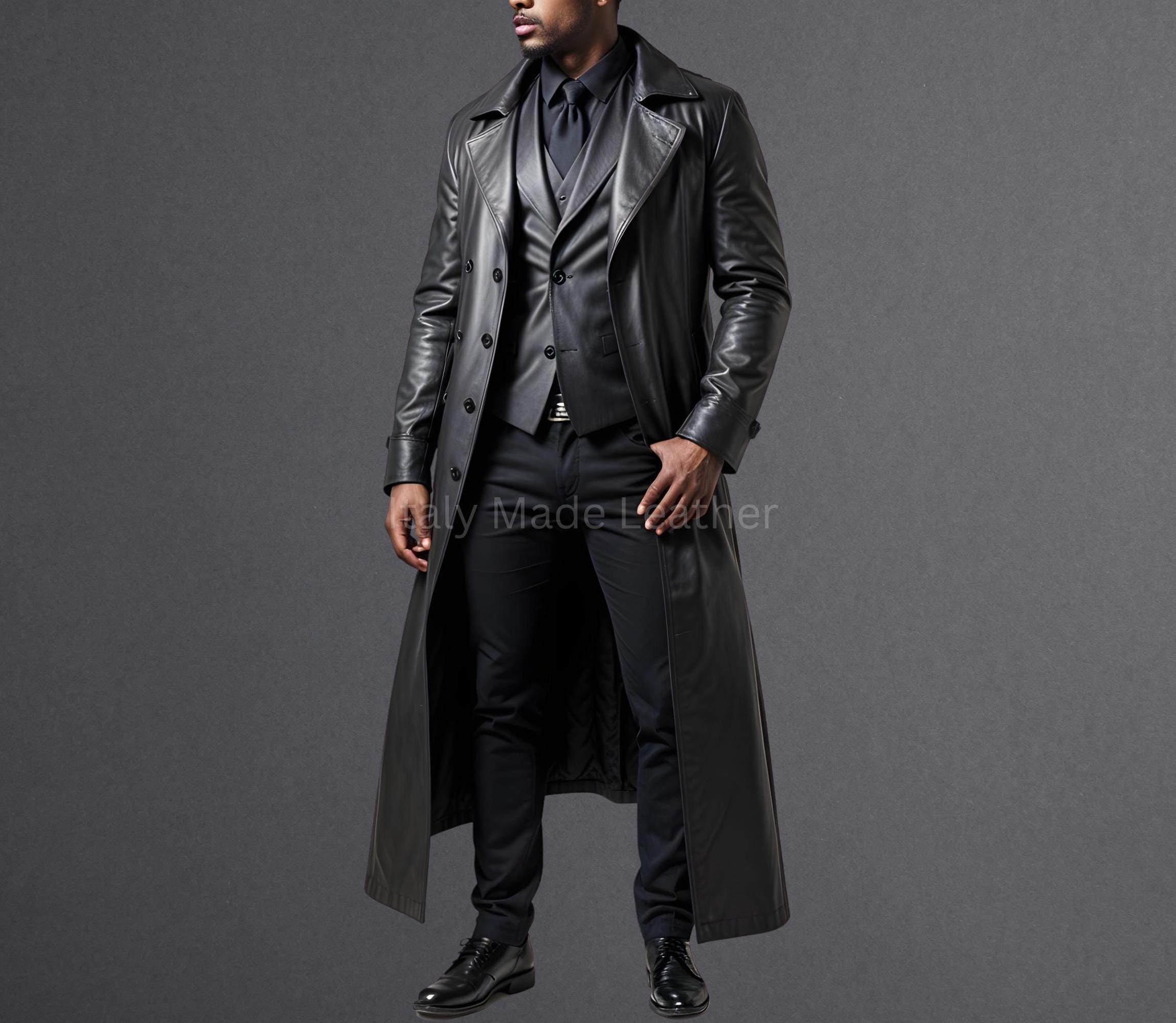 Cappotto lungo da uomo in vera pelle di mucca nera - Trench in vera pelle fatto a mano, cappotto casual, cappotto formale, cappotto lungo classico, ca