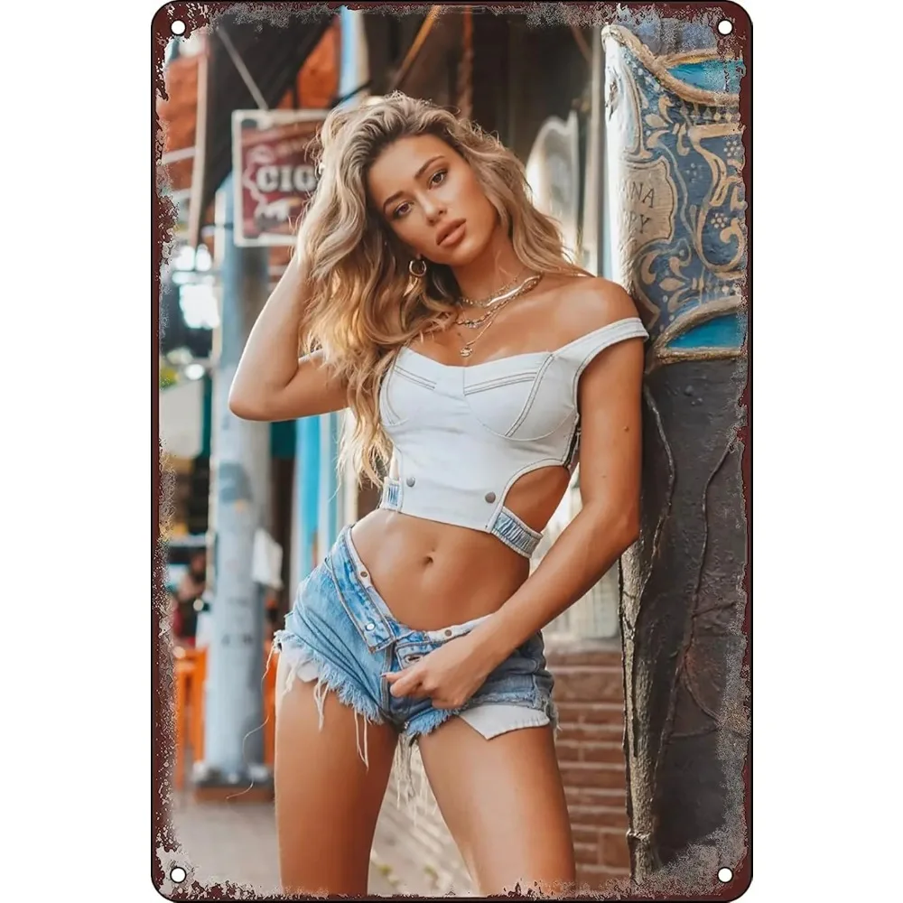 Sexy Vintage Pin-Up Cowgirl Metallposter – Hot Woman Blechschild Wandkunst, ideale Dekoration für Club, Badezimmer, Männerhöhle und Garage Café Image