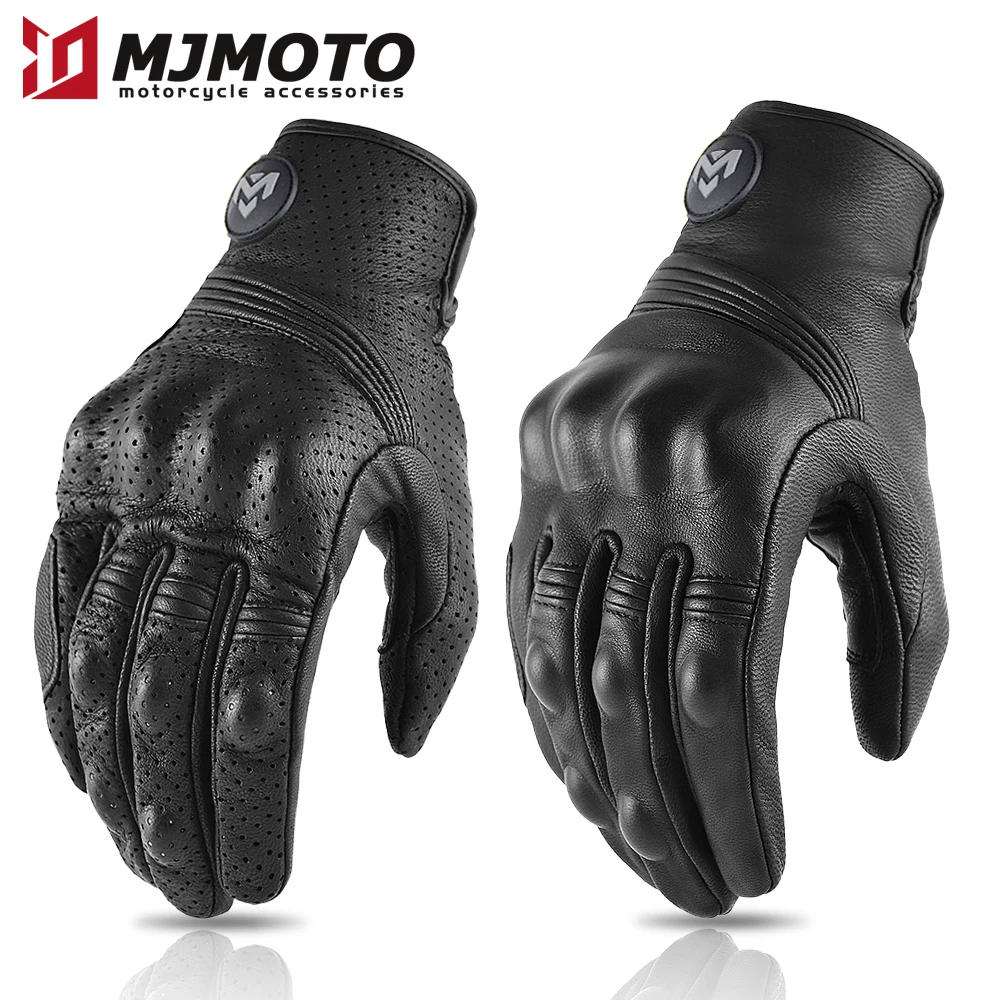 Herren Retro Perforierte Leder Motorradhandschuhe Vintage Sommer Motocross Schutz Hartschale Radfahren Biker MTB Moto Guantes Image