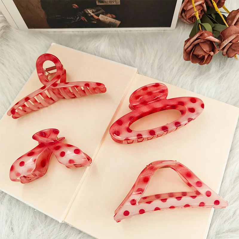 Süße rosa Erdbeere Polka Dot geometrische Ellipse Dreieck Kreuz Haarspange Klaue elegante Hai große Pferdeschwanz Clip Haar-Accessoire Image