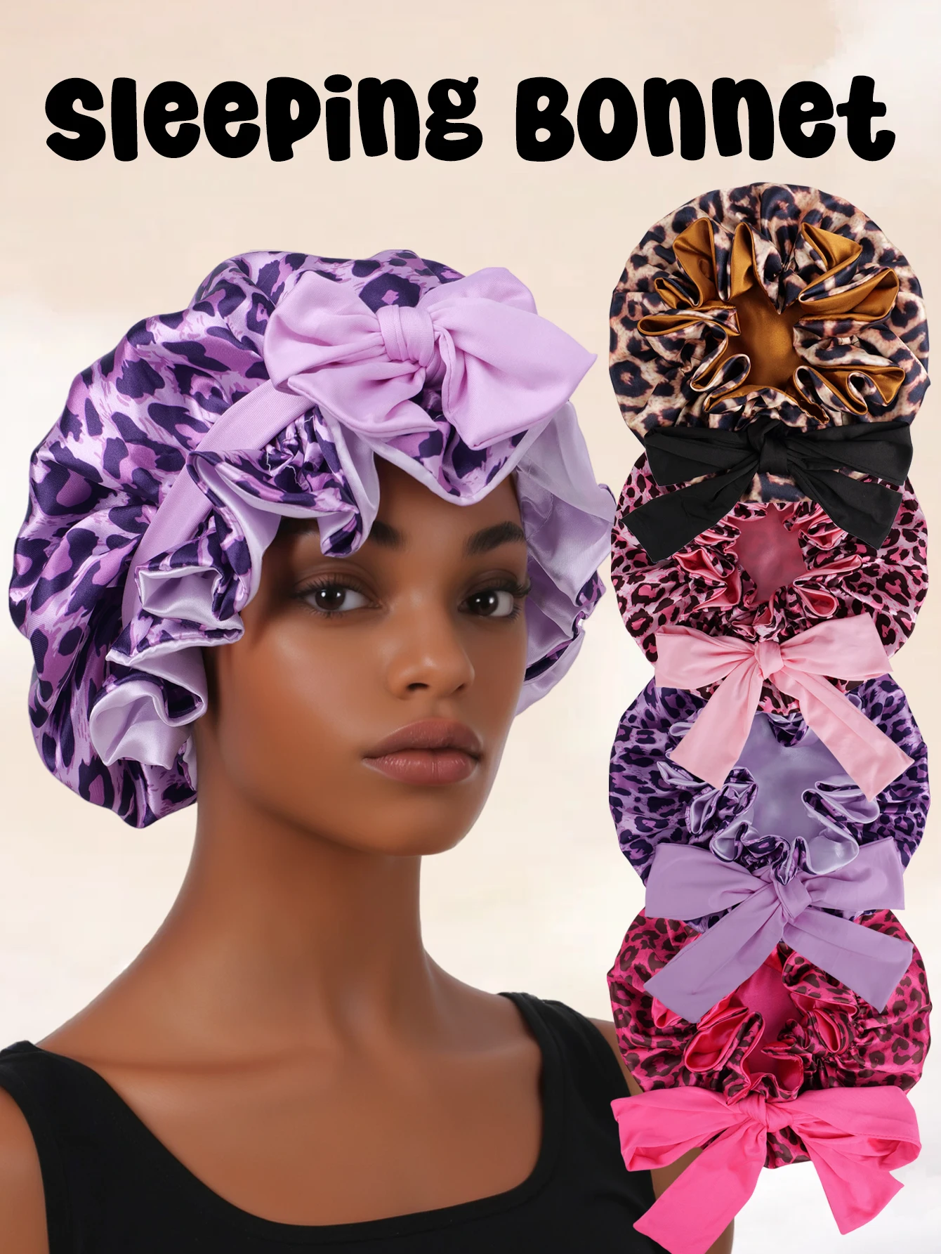 4-teilige Haarhaube mit Leopardenmuster, doppellagige Satin-Spleiß-Haarhaube zum Schlafen für lockiges und glattes Haar Image