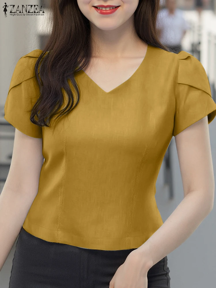 Sommer Kurze Puff Sleeve Bluse ZANZEA Frauen Tunika Tops 2025, Mode Einfarbig Shirts Sexy V-ausschnitt Casual Blusas Streetwear Image