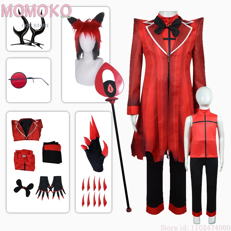 Alastor Cosplay Kinder Größe Hasbin Anime Cosplay Kostüm Perücke Ohren Hotel Zubehör Halloween Uniform Männer Frauen Jacke Roten Anzug Image