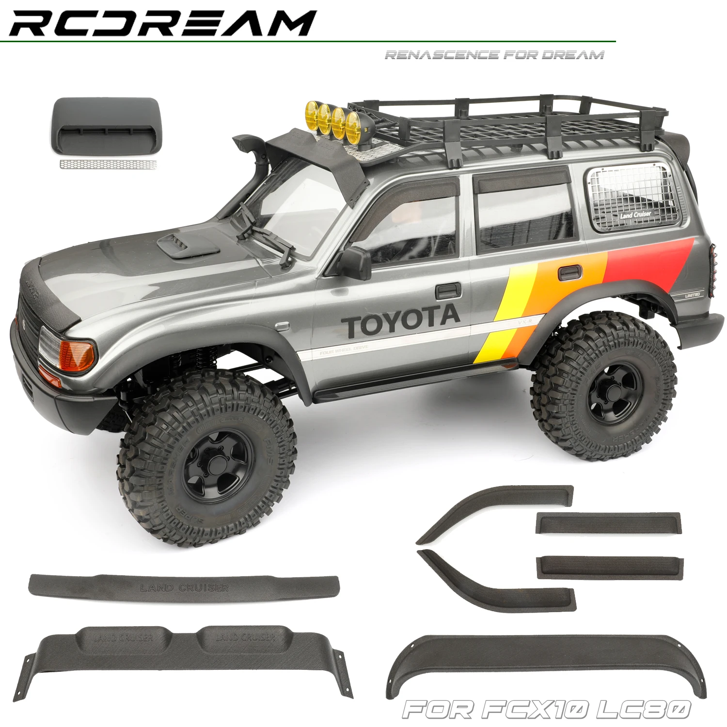 RCDream 1/10 Lufteinlass/Windschutzscheibe, Heckfenster, Sonnenblende/Haube, Sandschutz/Fenster-Dichtschutz für FCX10 LC80 RCRUN Upgrade Image