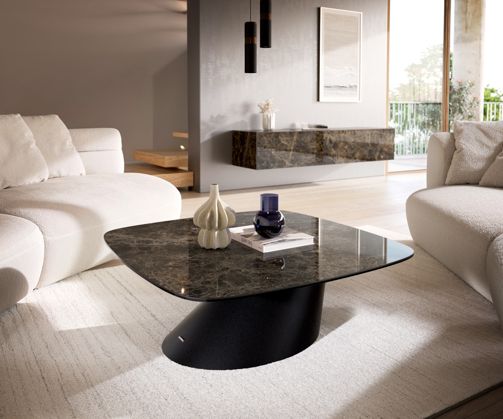 DELIFE Couchtisch Edge Boot 90x90 cm Keramik Laminam® Emperador Extra Lucidato Dunkelbraun Conis Metall Schwarz, Couchtische Image