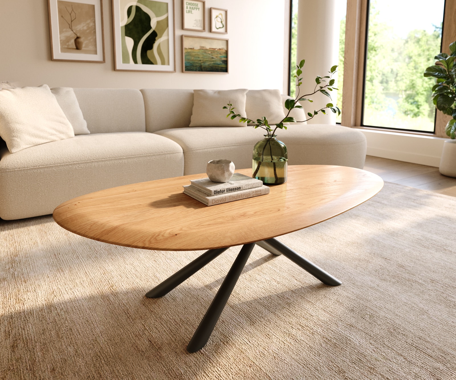 DELIFE Couchtisch Edge Oval 140x75 cm Eiche Natur Runde Kante Sarity Metall Schwarz, Couchtische Image