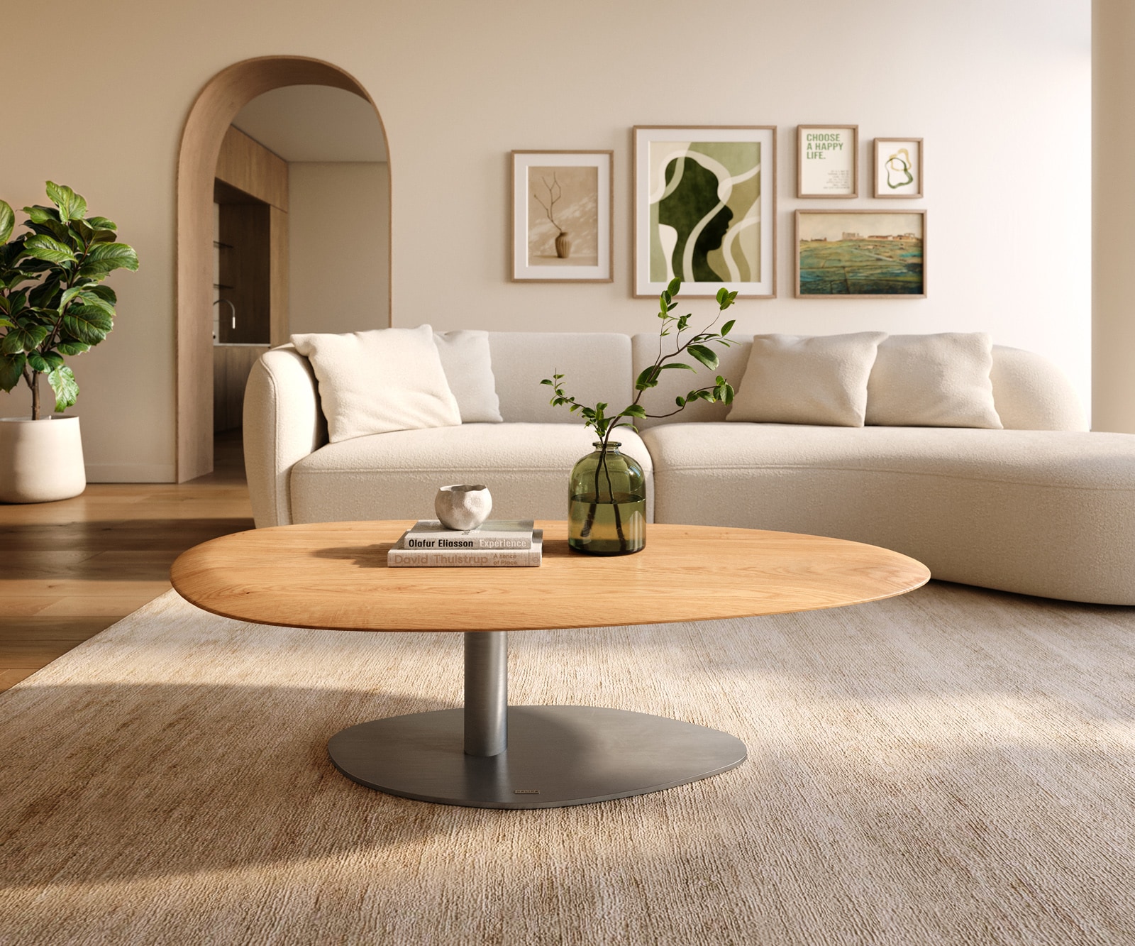 DELIFE Couchtisch Edge Oval 140x75 cm Eiche Natur Runde Kante Vibany Edelstahl gebürstet, Couchtische Image