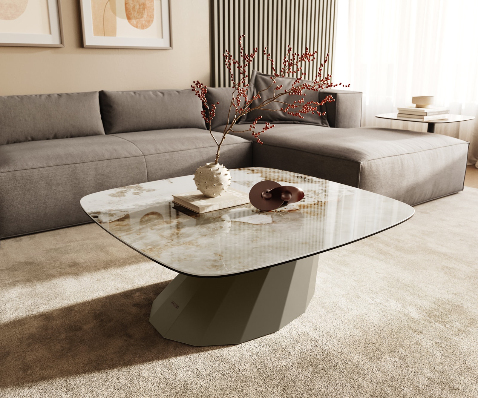 DELIFE Couchtisch Edge Boot 90x90 cm Keramik Minas Melange Parabi Metall Effektfinish Titan, Couchtische Image