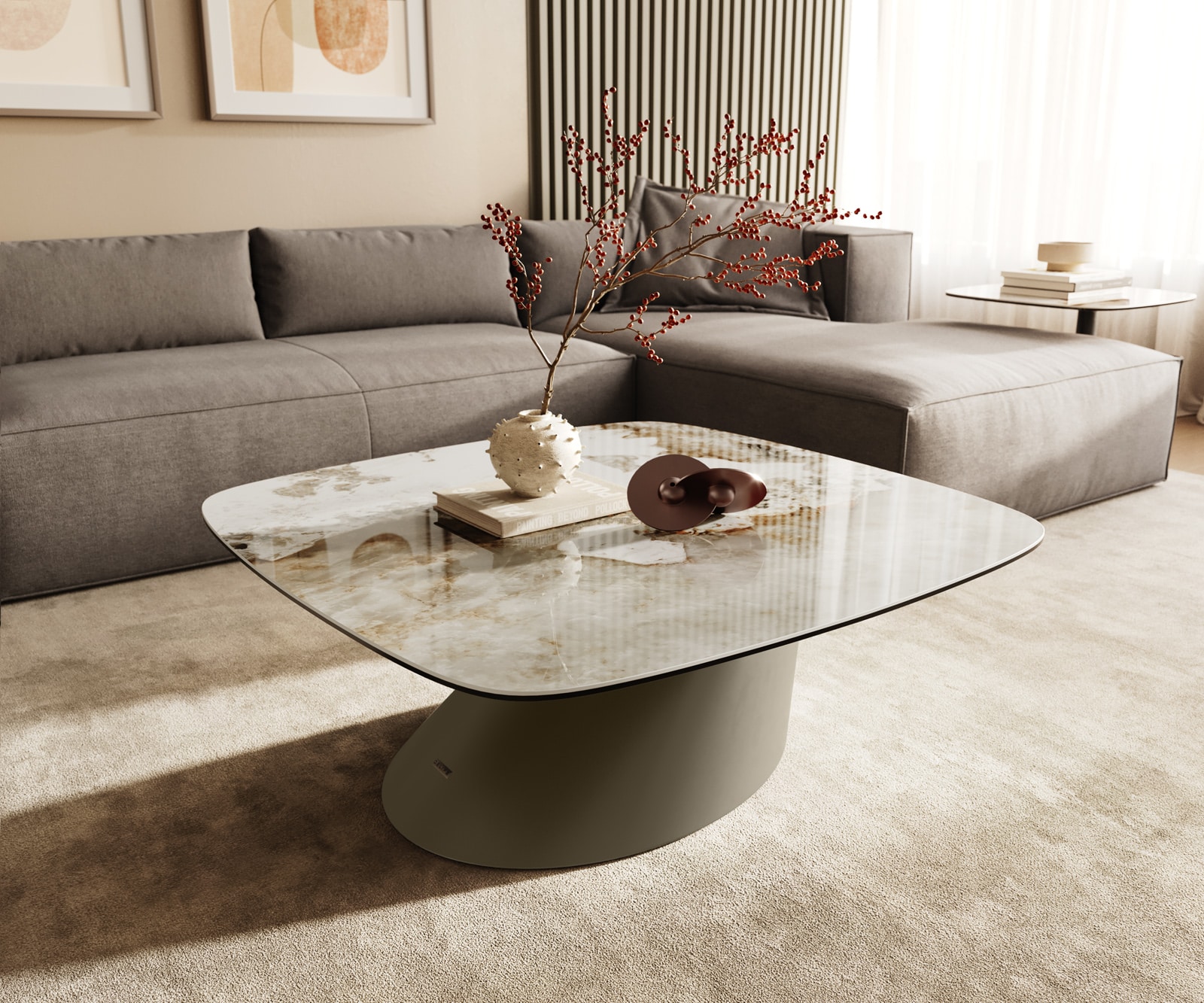DELIFE Couchtisch Edge Boot 90x90 cm Keramik Minas Melange Conis Metall Effektfinish Titan, Couchtische Image