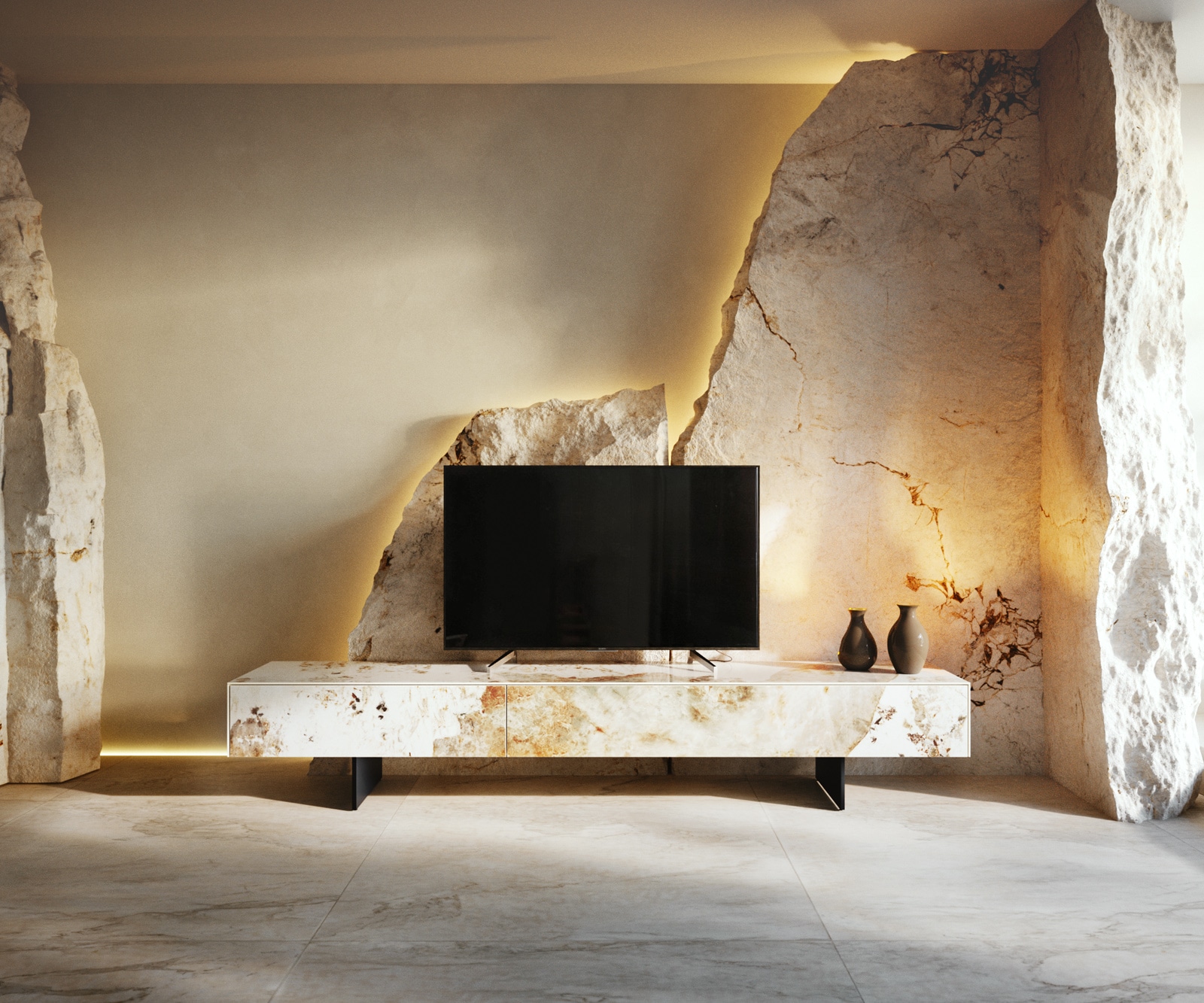 DELIFE Lowboard Cuor 200 cm Keramik Minas Melange Weiß-Beige 1 Klappe 1 Schubfach Fuß Schwebeoptik Metall Schwarz, Lowboards Image