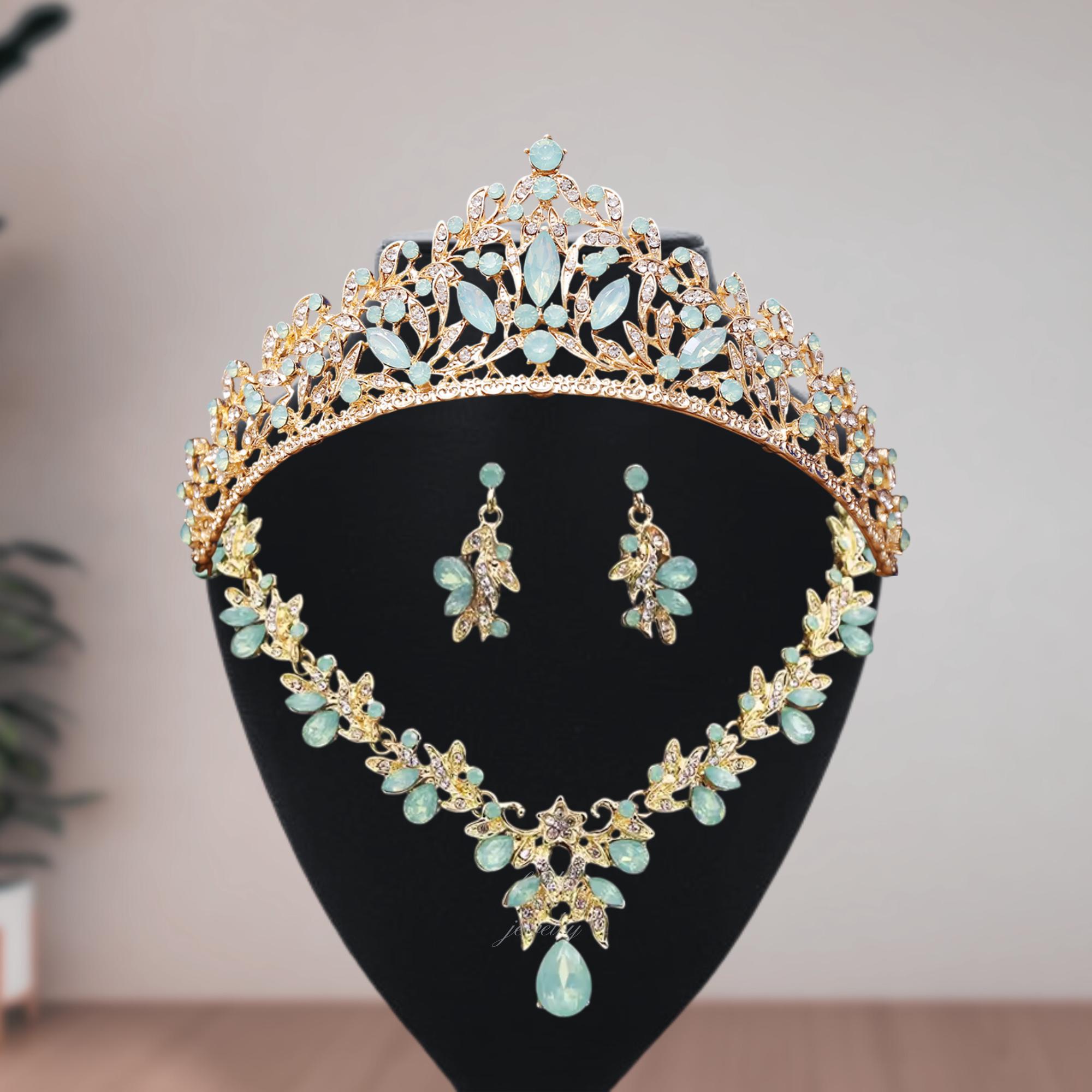 Set di gioielli da sposa con opale verde chiaro - Tiara da sposa in oro, collana e orecchini, principessa sposa