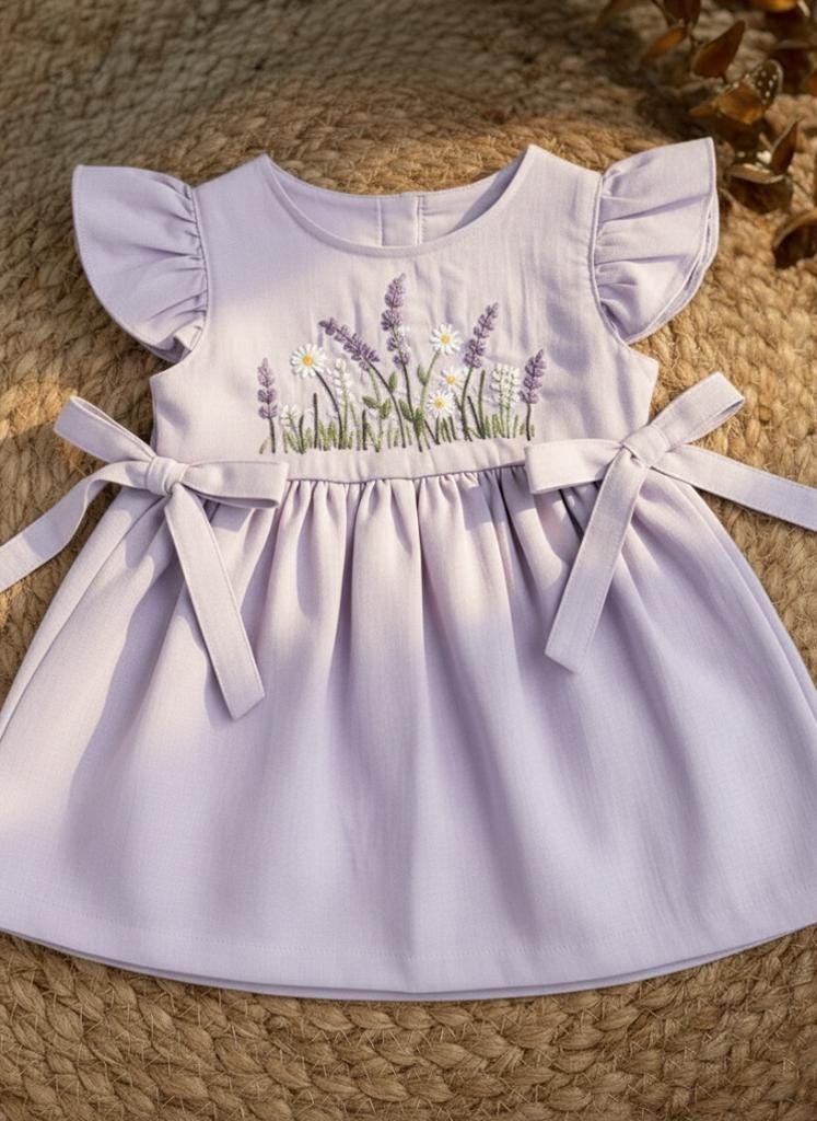 Abito in morbido lino personalizzato per il primo compleanno, abito ricamato a mano con fiori selvatici per bambine, abito in lino per bambine, abito