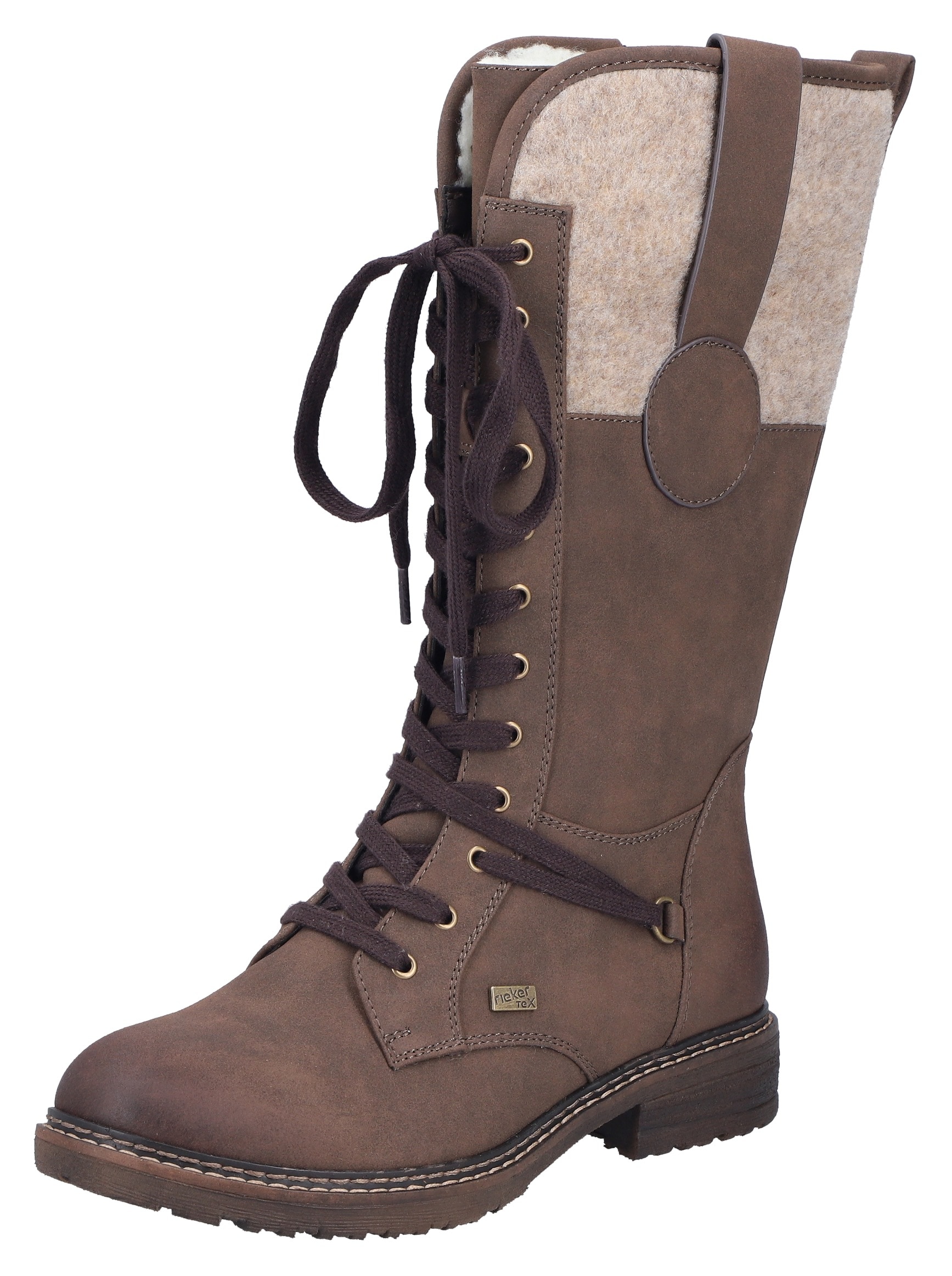 Schnürstiefel RIEKER, Damen, Gr. 40 (6,5), Varioschaft, dunkelbreaun, beige, Filz, Nubuklederimitat, Basic, Schuhe Schnürstiefel, Winterstiefel, Blockabsatz, Warmfutter, mit Tex-Ausstattung