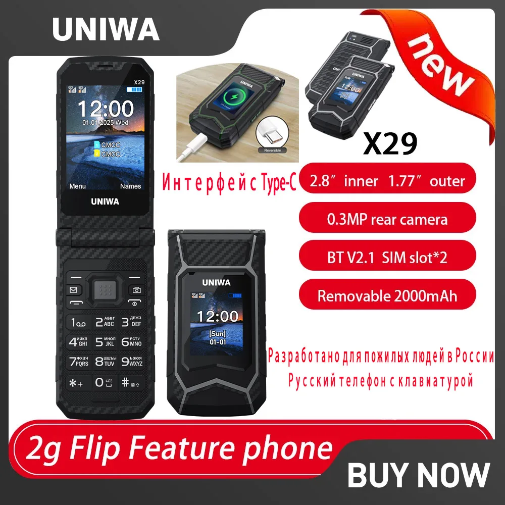 Nouveau UNIWA X29 2G langue russe clavier caractéristique téléphone grand bouton Senior rabat téléphone portable GSM double Sim FM à clapet téléphone portable