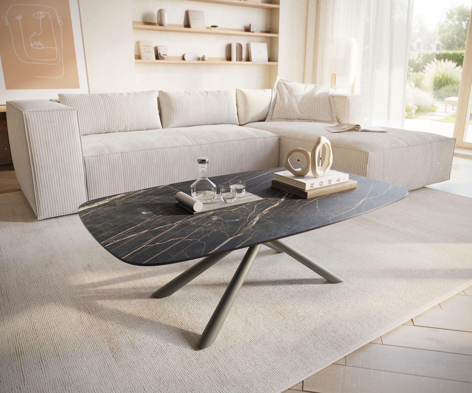 DELIFE Couchtisch Edge Boot 120x70 cm Keramik Laminam® Noir Desir Braun Sarity Metall Effektfinish Titan, Couchtische