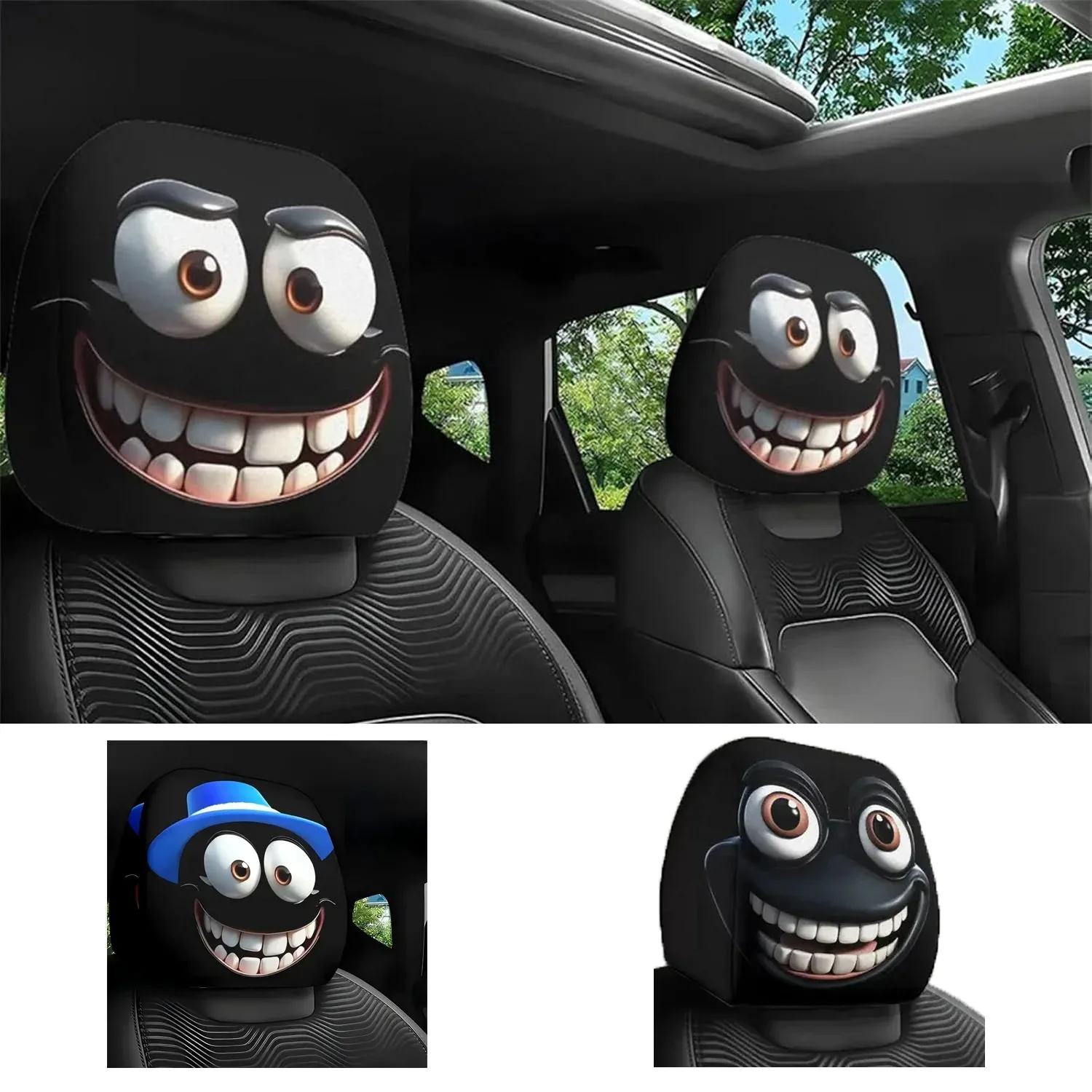 2 Stück Smiley-Gesicht bedruckter Auto-Kissenbezug, weich, bequem, dekorativer Kissenbezug, Auto-Sitz-Kopfstütze, waschbares Polyestergewebe