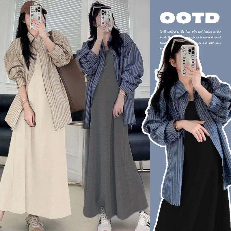 Chic Pregnancy Outfit Autumn Set French Style Sleeveless Dress with Top Two Piece Maternity Wear High Quality Loose Fit Elegant