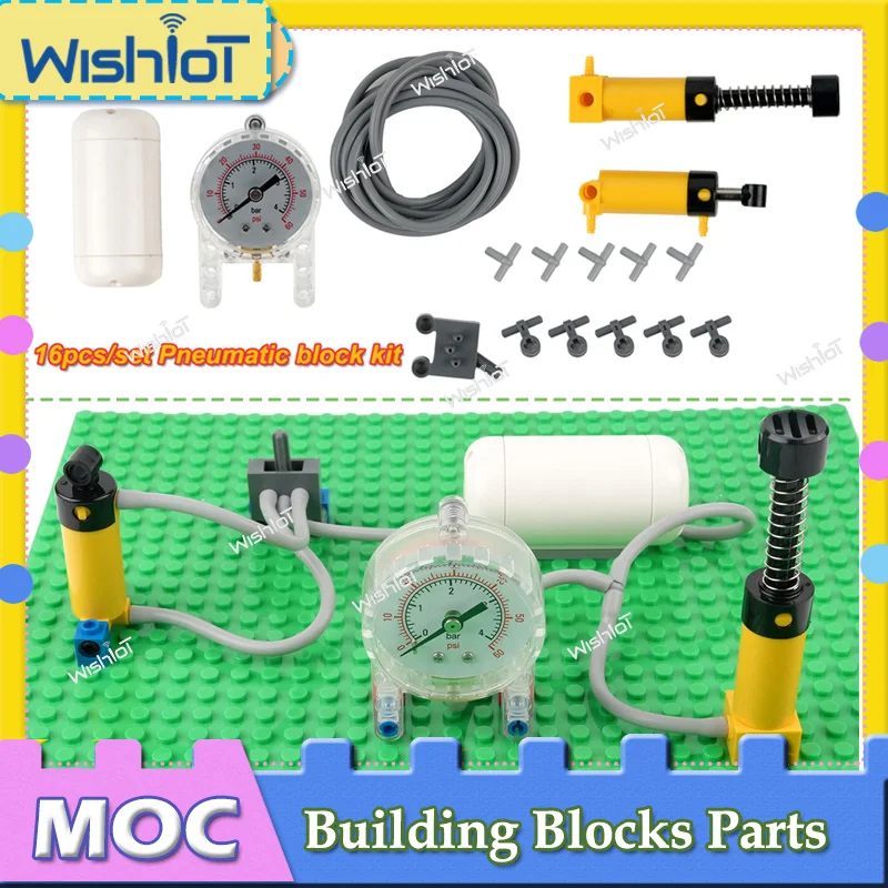 MOC Pneumatische Technische Bausteine Teile 16 teile/satz Barometer Luft Tank/Pumpe Kolben Schlauch/Schalter Kit Spielzeug Für 47225 75974 9641 Image