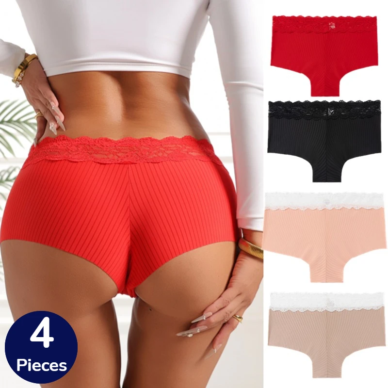 BZEL 4PCS Damenhöschen Nahtlose Seidensatin-Unterwäsche Spitze Hohl Frau Boxer Atmungsaktiv Sexy Dessous Gemütliche Sport-Boyshorts Image