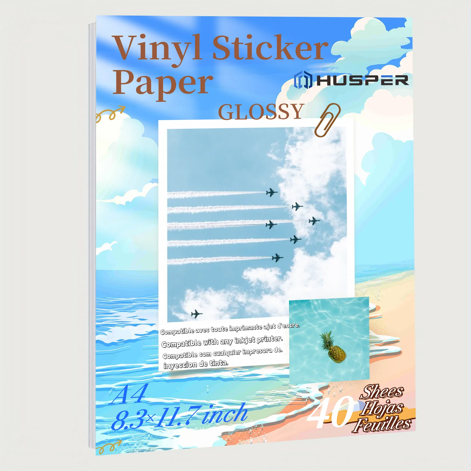 HUSPER 8,3 x 11,7 Zoll, 40 Blatt, glänzendes, bedruckbares Vinyl-Aufkleberpapier, wasserfestes Aufkleberpapier für Tintenstrahldrucker Image