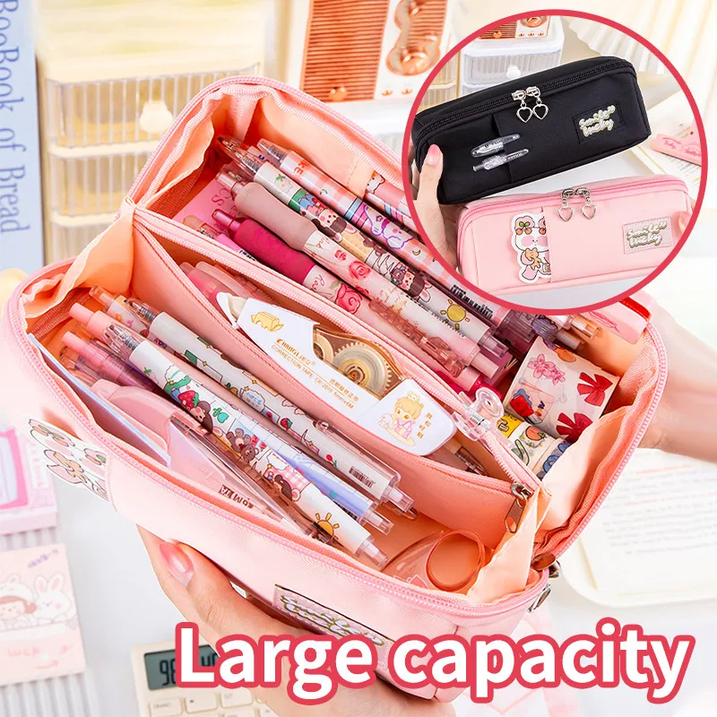 Federmäppchen, großes Fassungsvermögen, doppellagig, helle Farbe, Sport, geräumig, Schreibwarentasche, Organizer-Beutel, rosa, für Studenten, mehrere Aufbewahrung Image