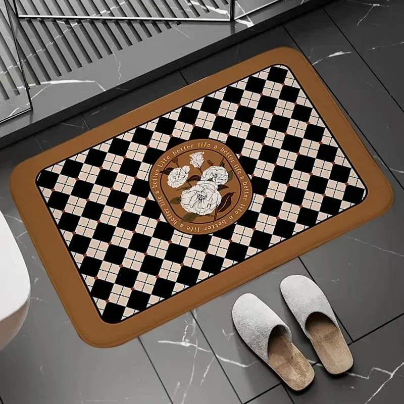 Fußmatten mit Schachbrettmuster und Blumenmuster, Fußmatten für Badezimmer, Retro, rutschfeste Teppiche, Küche, Beadroom-Eingangsteppich, Homg-Dekor Image