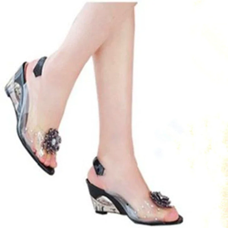 Fashion Women Sandals New Summer Fashion Slope fish mouth Wedges Shoes Woman Slides Peep Toe Hook High heel rhinestone flower