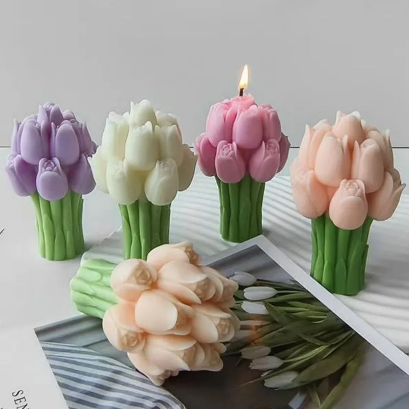 3D Tulpe Bouquet Silikon Kerze Formen Handgemachte Lavendel Blume Seife Gips Harz Handwerk Form DIY Schokolade Kuchen Backen Werkzeuge Image