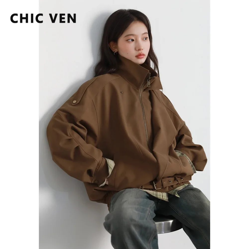 CHIC VEN Mode Frauen Jacken Streetwear Braun Casual Lose Stehkragen Damen Mäntel Weibliche Kleidung Herbst Winter Neue 2025