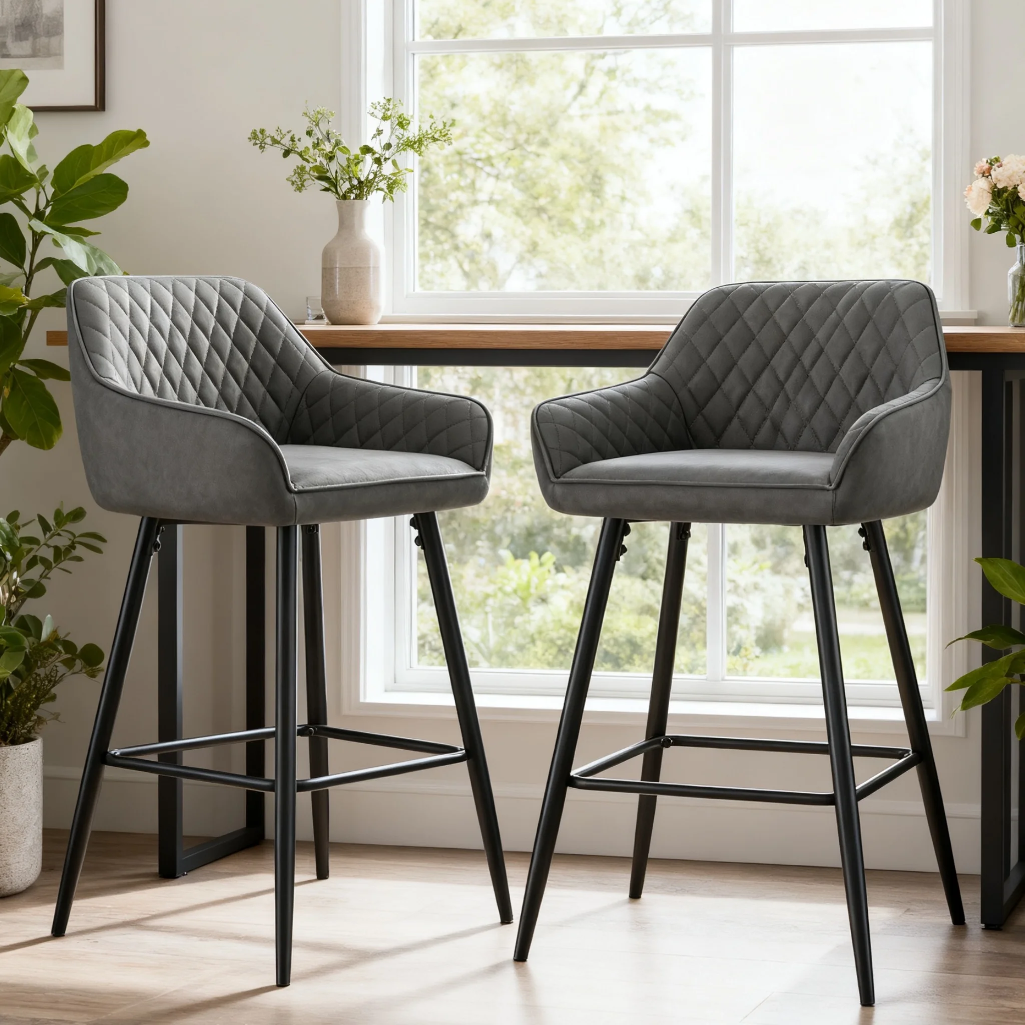 JYMTOM Barhocker Kunstleder/Samt Barstühle mit gepolstertem Sitz, Rückenlehne, Armlehne und Metalllegen, Bistrohocker für Esszimmer