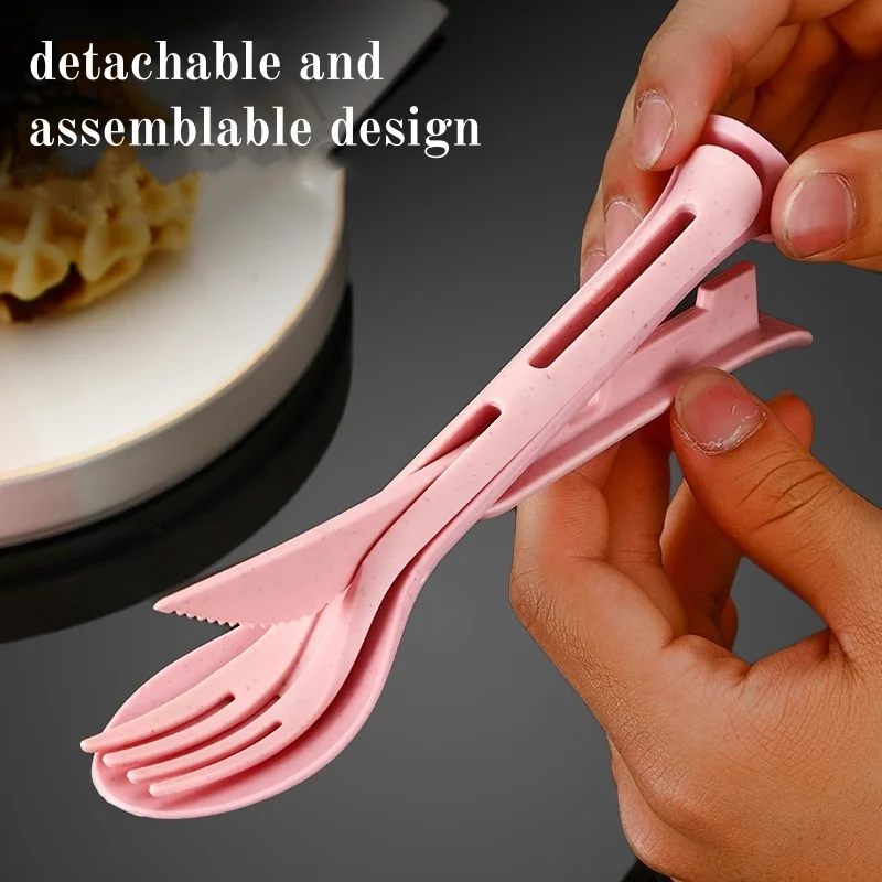 Besteckset aus Weizenstroh (Messer, Gabel, Löffel) | Student-Friendly Ins Tragbares 3-teiliges Geschirr | Outdoor-Steakmesser-Set für Camping Image