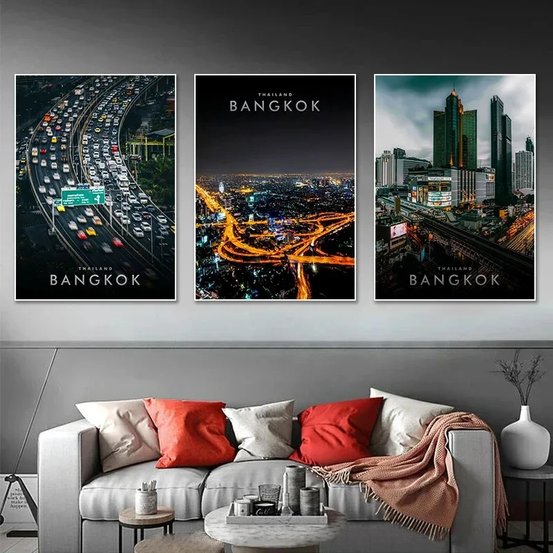 Moderne Thailand Bangkok City Cityscapes Wandkunst, minimalistischer Druck, Leinwandgemälde, Poster für Schlafzimmer, moderne Heimdekoration Image