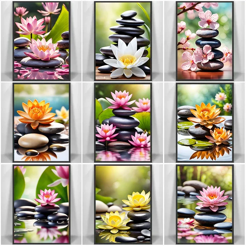 Rosa Lilie Ruhe Spa Zen Stein Poster Drucke Leinwand Malerei Wand Kunst Badezimmer Bild Stein Szene Zimmer Dekoration