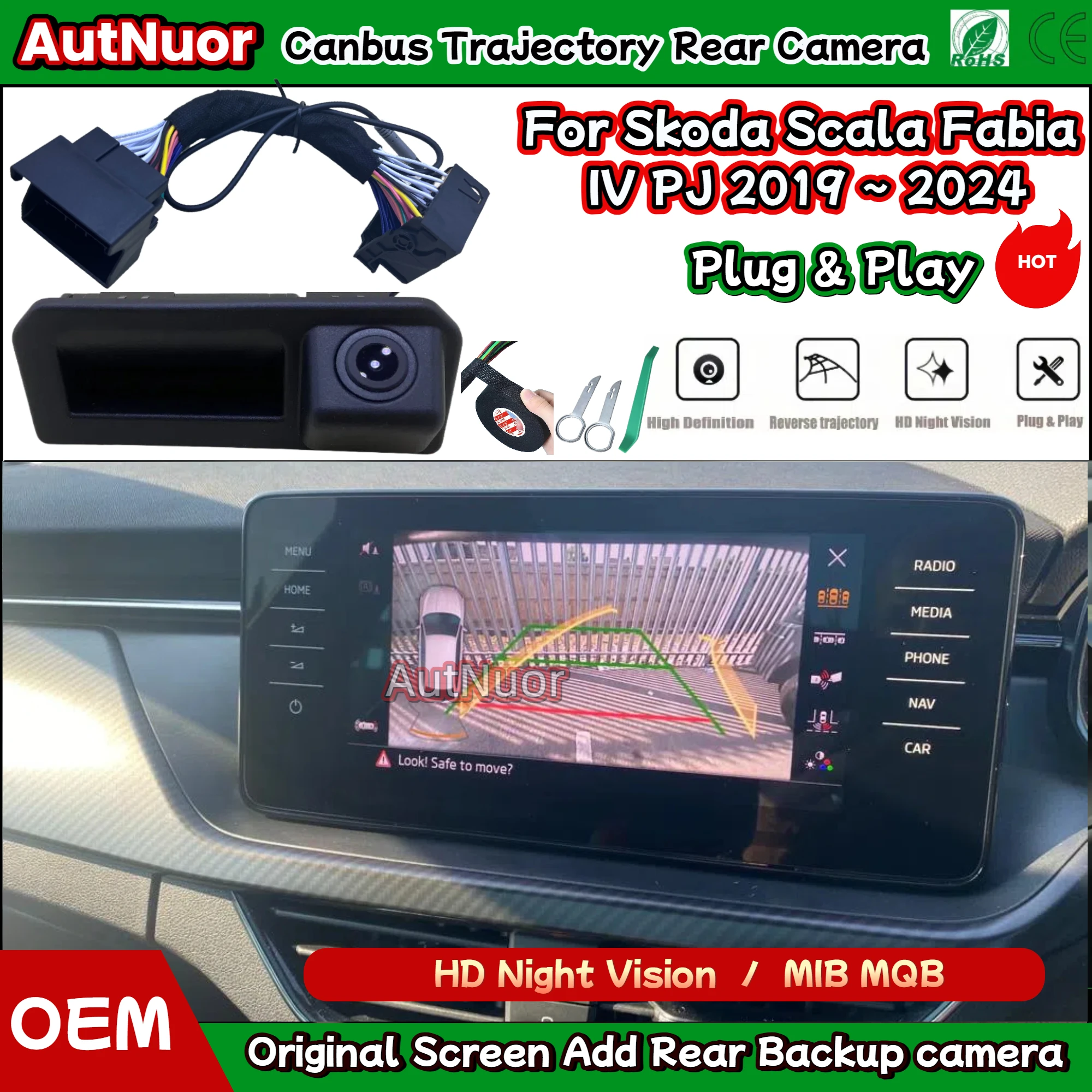 Auto Heckklappe Stamm Griff Reverse Kamera Für Skoda Scala Fabia IV PJ 2019 ~ 2024 Plug und Play HD Dynamische Flugbahn hinten Kamera Image