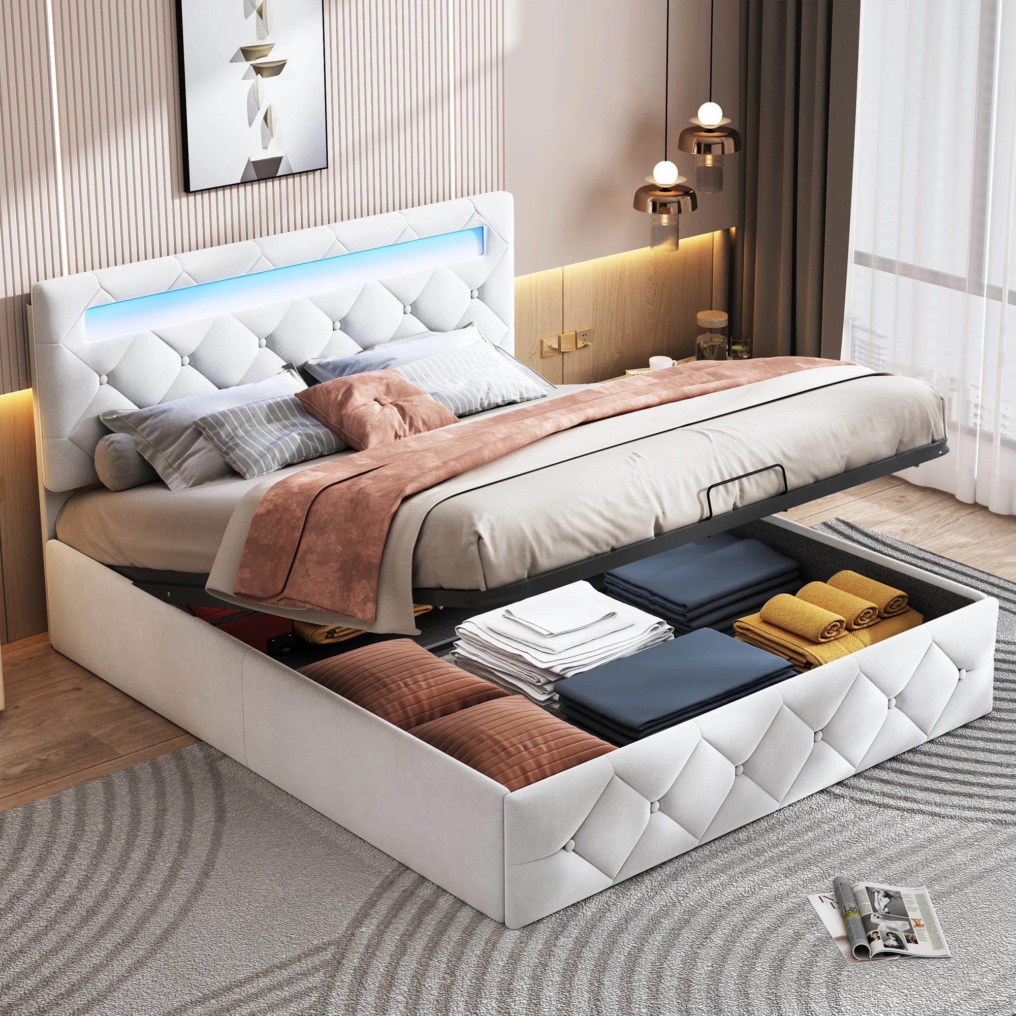 Rosahqnda Modernes weißes Polsterbett,hydraulisches Bett mit großem Stauraum, elegantes Doppelbett,Samtstoff, ohne Matratze Image