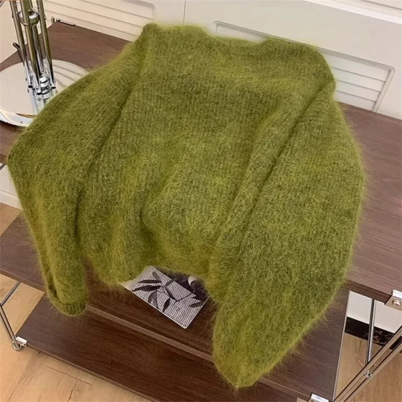 Frauen Mode Einfache Casual Grün Weiche Alle Spiel Gestrickte Pullover Weibliche O Hals Langarm Lose Pullover Tops Süße Pullover
