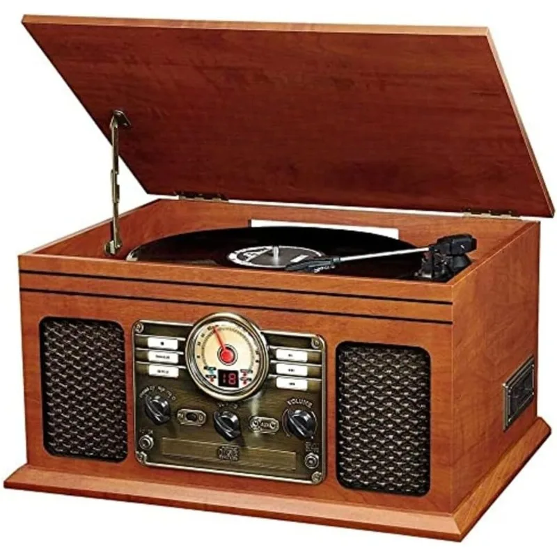 The Quincy 6-in-1 Bluetooth Record Player & Multimedia Center with Built-in Speakers – 3-Speed Turntable, CD & Cassette
