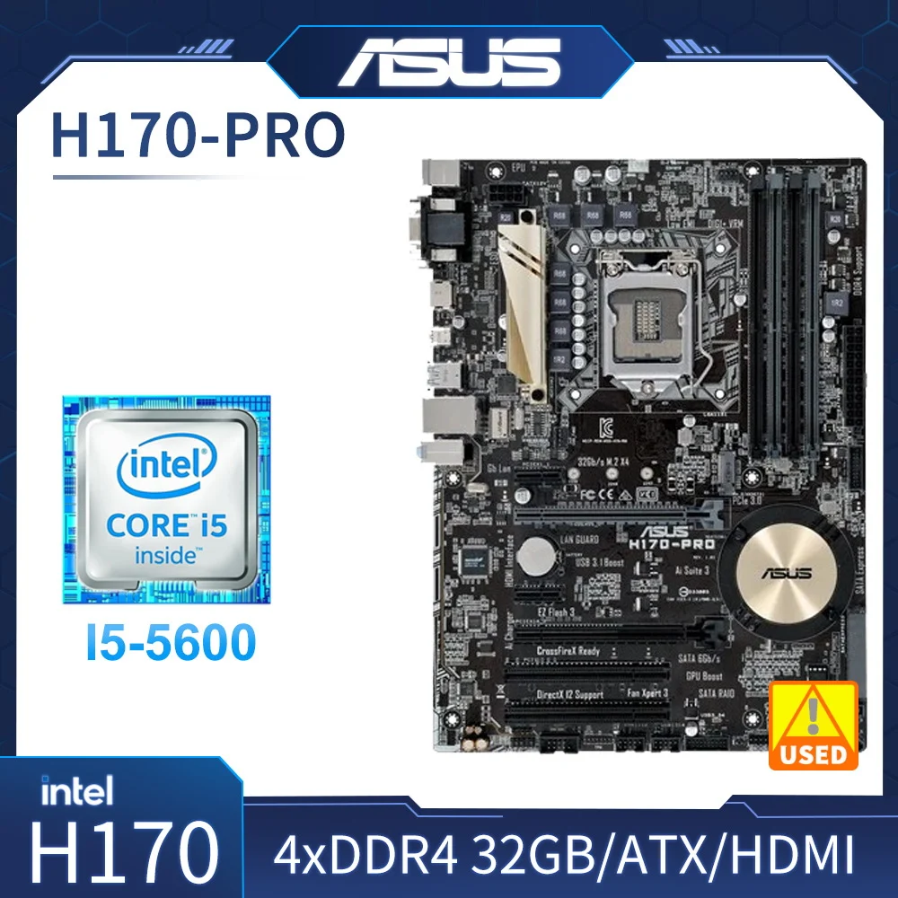 ASUS H170-PRO Motherboard + i5-6500 CPU-Kit Intel H170 LGA 1151 4×DDR4 64 GB M.2 PCI-E 3.0 DVI HDMI ATX Image