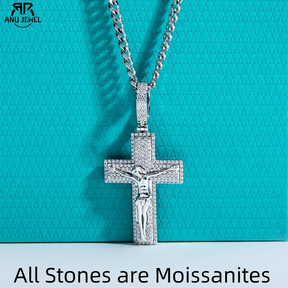 AnuJewel Moissanit Jesus Anhänger Hip Hop Halskette 925 Sterling Silber Kreuz New Age Schlüsselanhänger 60 cm Heavy Metal Dope Schmuck Image