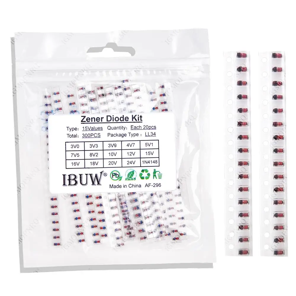 300 Stück = 15 Werte x 20 Stück ZMM5V1 3V 3V3 3V9 4V7 5V1 7V5 8V2 10V 12V 15V 16V 18V 20V 24V LL34 3,3V 3V3 1/2W Zener SMD Diode LL34 KIT Image