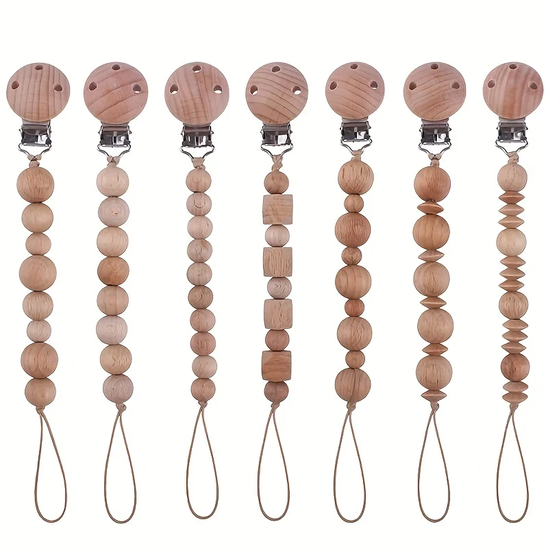 Runde Buche Baby Schnuller Clip Holz Runde Perlen Anti-Drop Baby Nippel Kette Dummy Halter Beruhigen Pflege Zahnen Spielzeug Image
