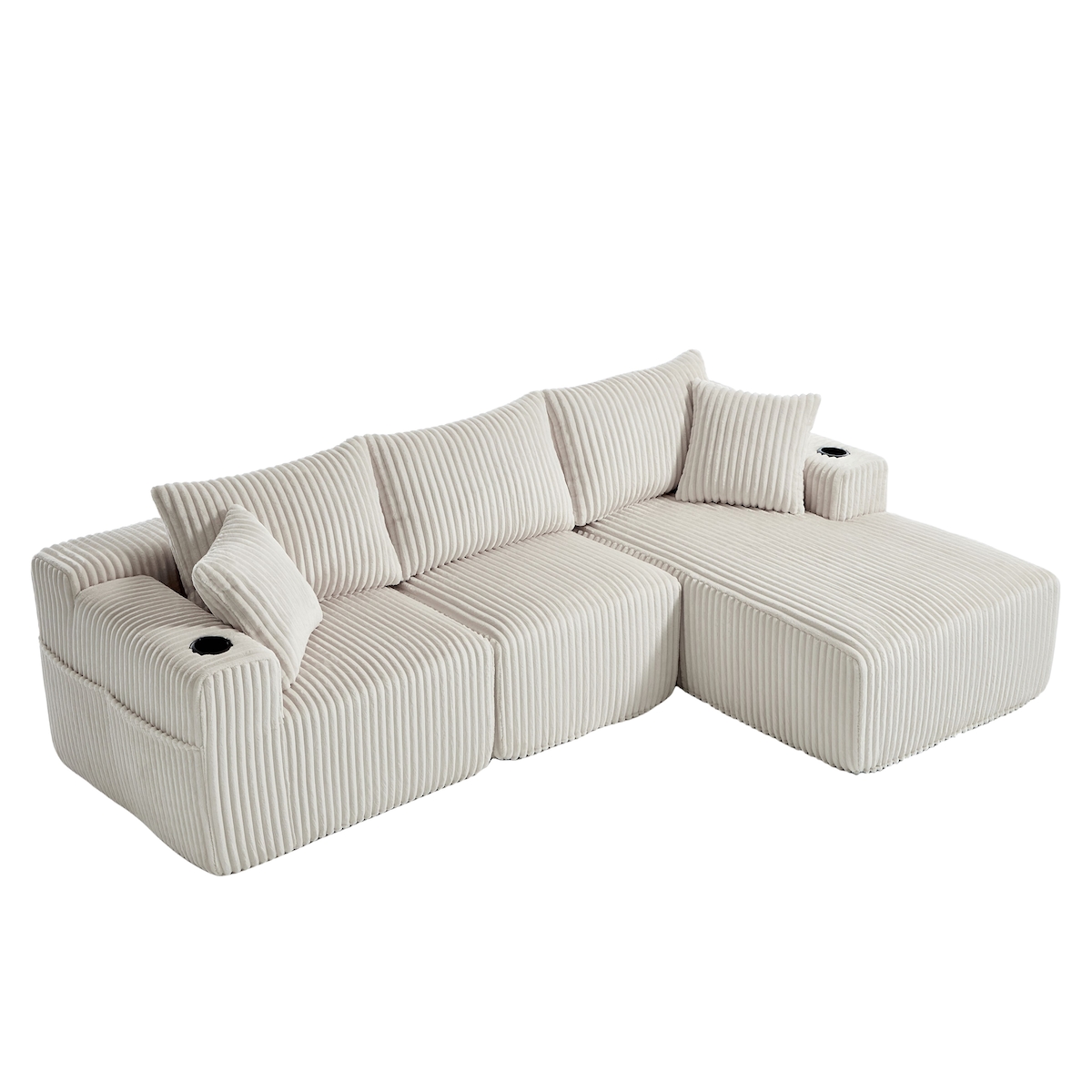 OKWISH Modulares Sofa 2-Sitzer + Chaiselongue, Cordstoff, 5 Kissen, Cupholder, Seitentaschen, pflegeleicht, sofort einsatzbereit, Beige, 160x250 cm Image