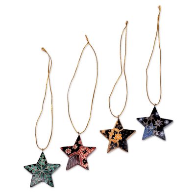 Bali Stars,'Four Batik Wood Star Ornaments by Balinese Artisans'