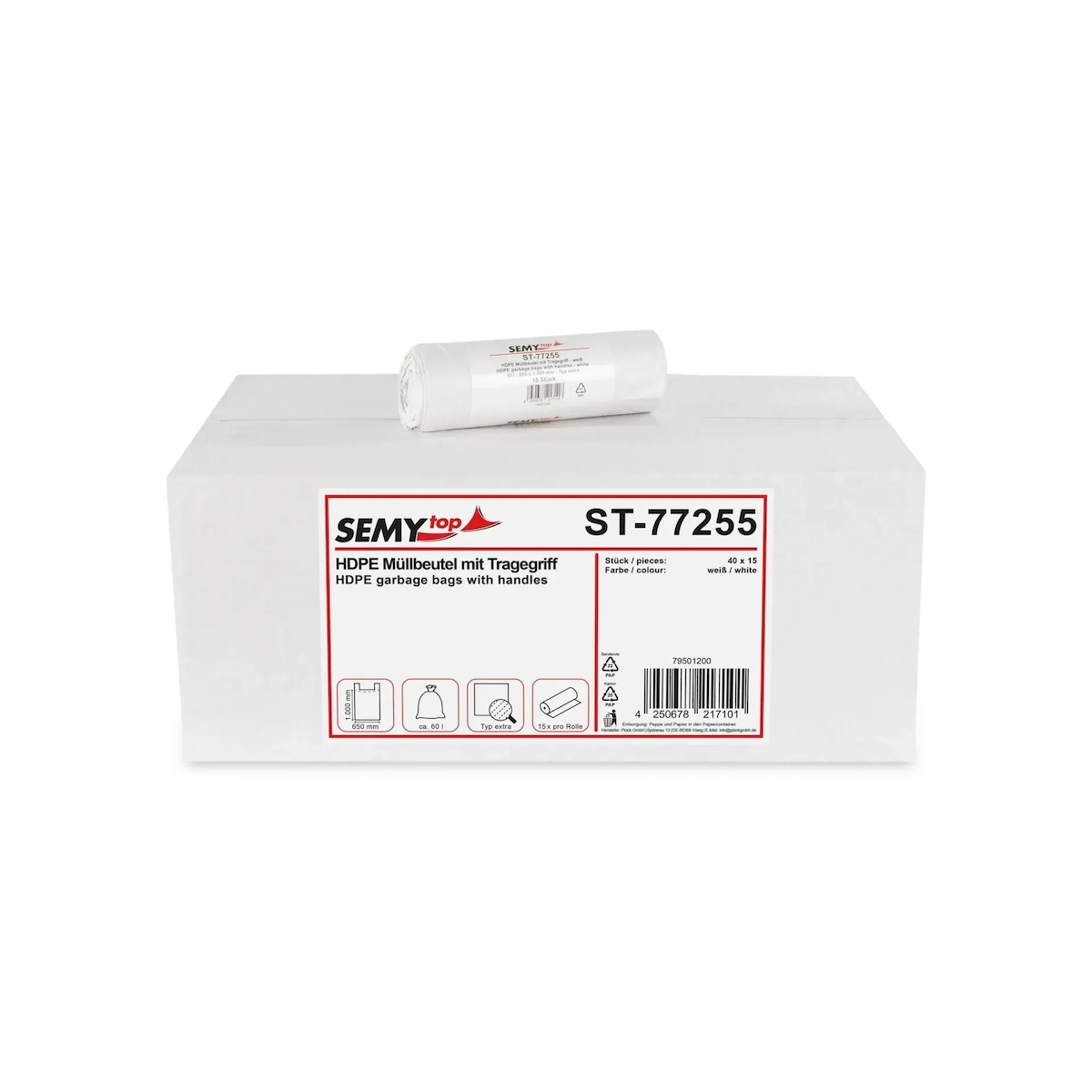 Plock GmbH Müllbeutel SemyTop extra - mit Tragegriff – ca.60 l - 14µ - 600 Müllsäcke Image