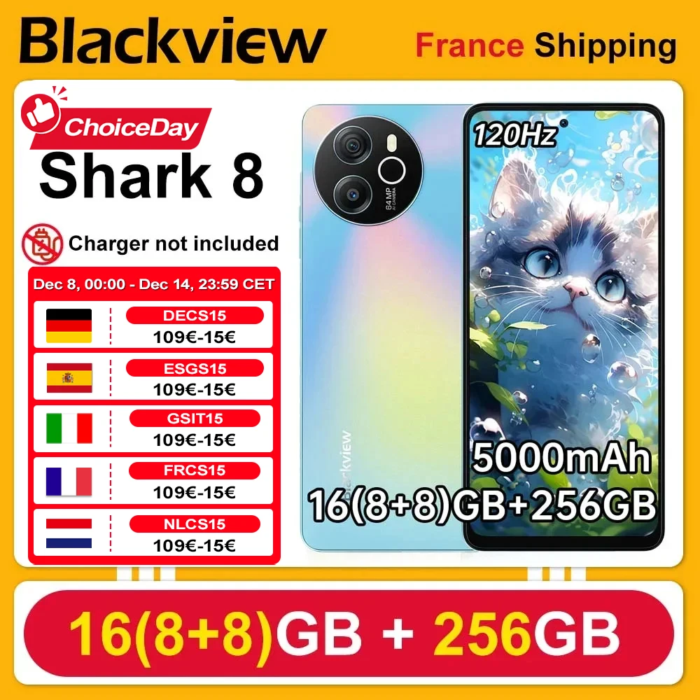 Blackview SHARK 8 [pas de chargeur UE] 16(8 + 8)GB + 256GB Smartphone Android 13 5000mAh 2.4K écran 6.78 ''120Hz 64MP + 13MP caméra NFC