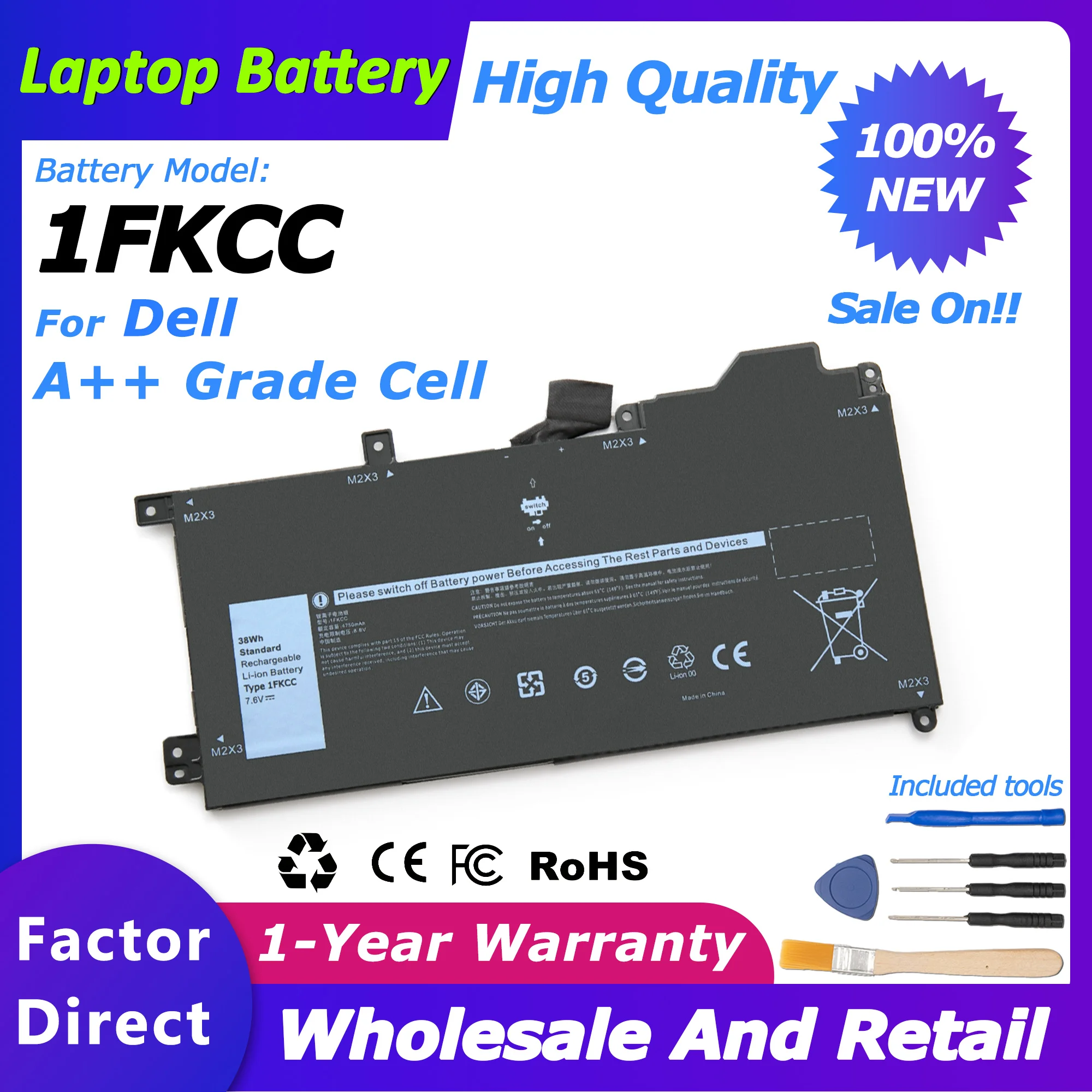 1FKCC Laptop-Akku für Dell Latitude 7200/7210 2-in-1-Serie Notebook 09NTKM/9NTKM Serie 0D9J00/0KWWW4 4750 mAh/38 Wh