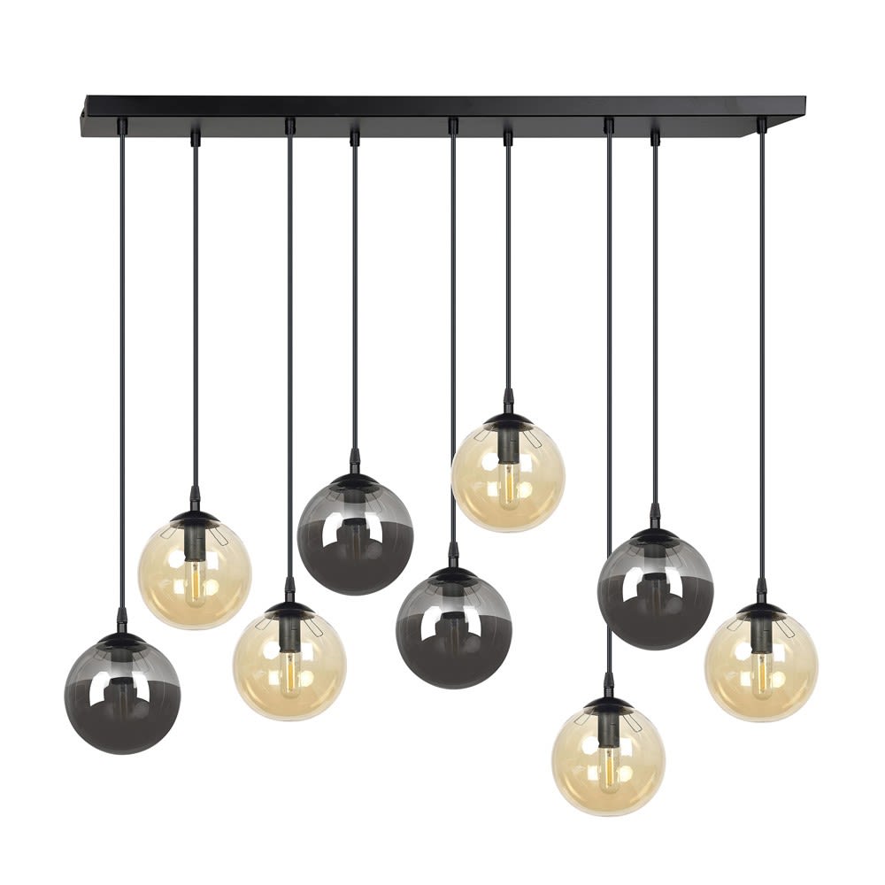 Suspension de style vintage avec 9 sphères en verre gris et ambré