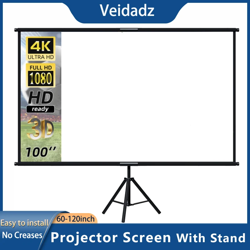 VEIDADZ Projektorleinwand mit Ständer, faltbar, weiß, weniger Falten, 60 84, 100, 120 Zoll, weiche doppelseitige Leinwand, Heimkino, Outdoor Image